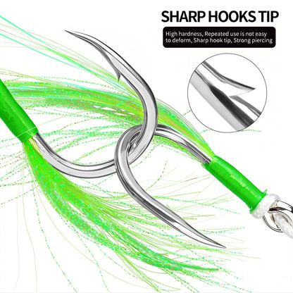 PROBEROS SZ134 Tied Jigging Assist Hooks with Green Flash Skirt