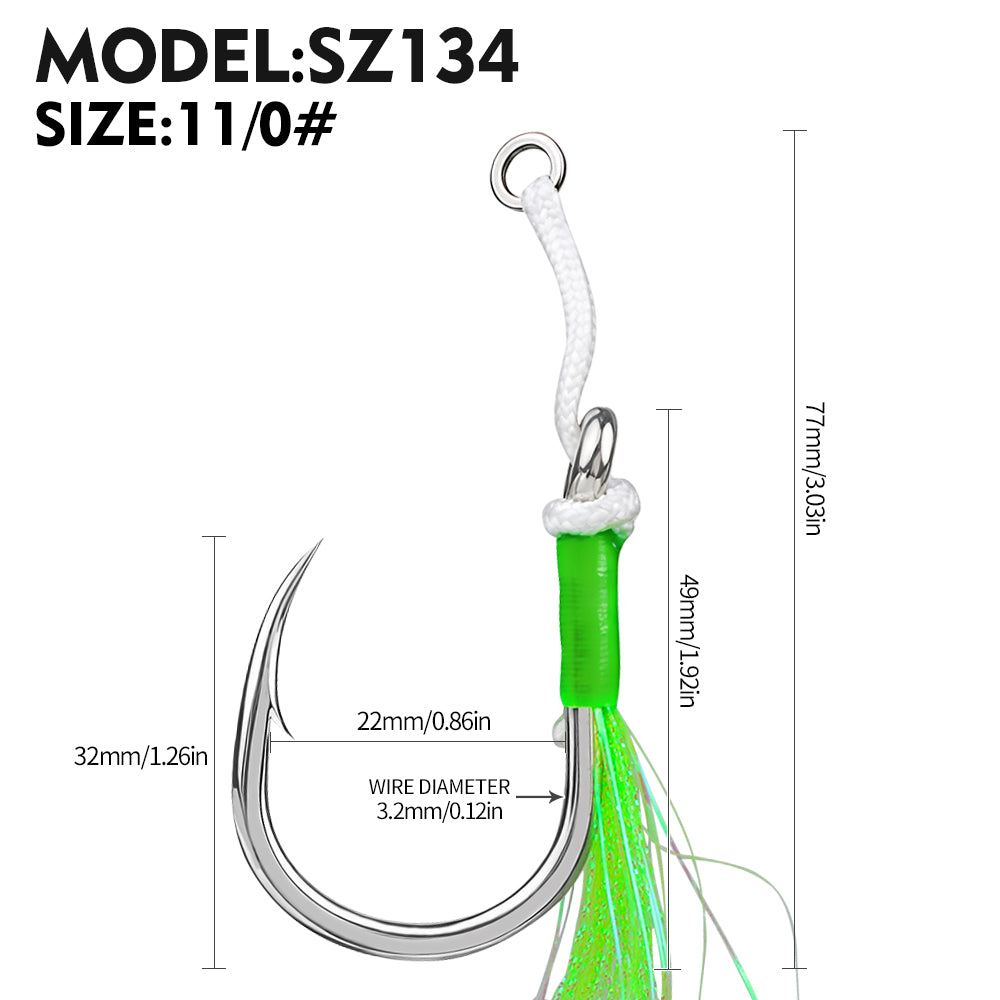 PROBEROS SZ134 Tied Jigging Assist Hooks with Green Flash Skirt