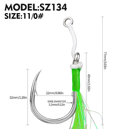 PROBEROS SZ134 Tied Jigging Assist Hooks with Green Flash Skirt