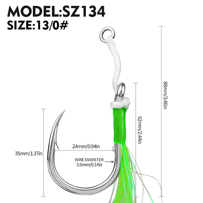 PROBEROS SZ134 Tied Jigging Assist Hooks with Green Flash Skirt