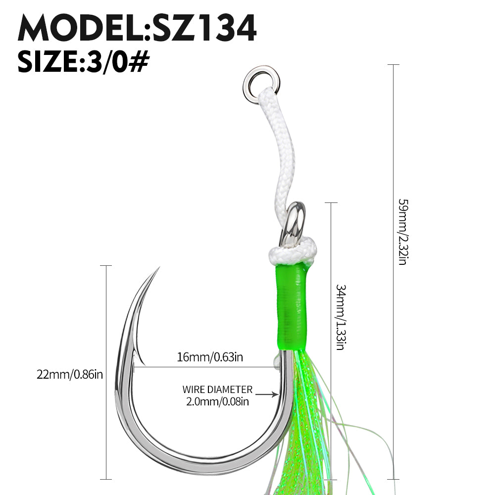 PROBEROS SZ134 Tied Jigging Assist Hooks with Green Flash Skirt