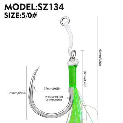 PROBEROS SZ134 Tied Jigging Assist Hooks with Green Flash Skirt