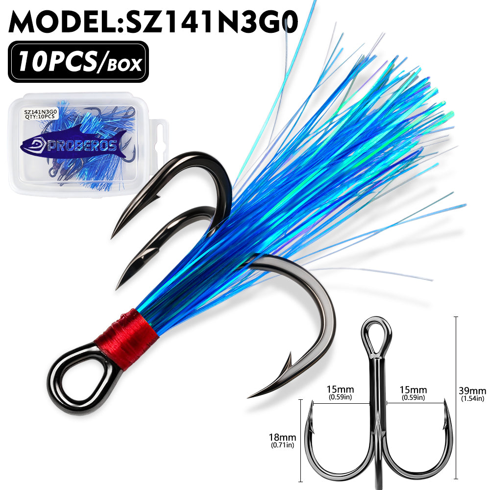 PROBEROS SZ141 Flash Feather Treble Hooks 10PCS