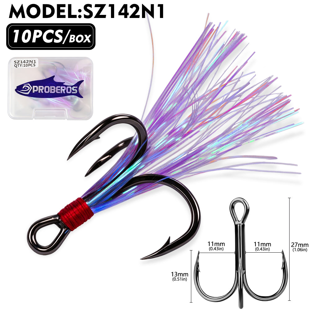 PROBEROS SZ142 Flash Feather Treble Hooks 10PCS