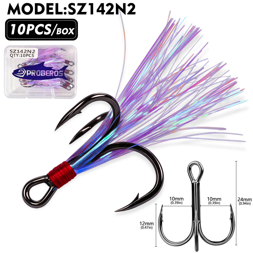 PROBEROS SZ142 Flash Feather Treble Hooks 10PCS