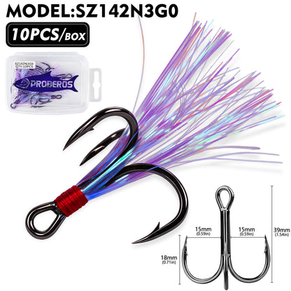 PROBEROS SZ142 Flash Feather Treble Hooks 10PCS