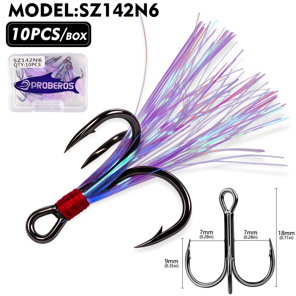 PROBEROS SZ142 Flash Feather Treble Hooks 10PCS