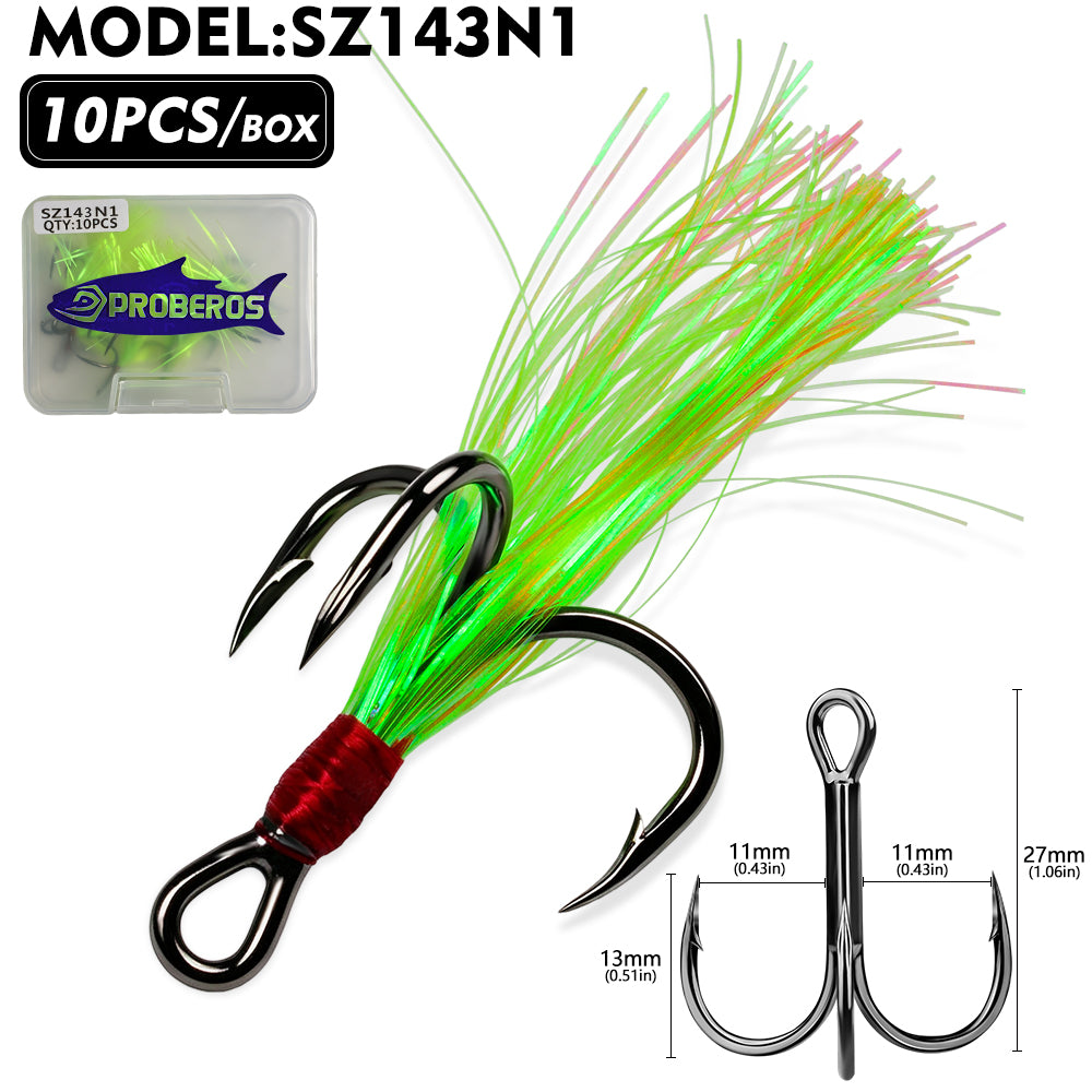 PROBEROS Flash Feather Treble Hooks 10PCS High Carbon Fishing Hook SZ142‑SZ144