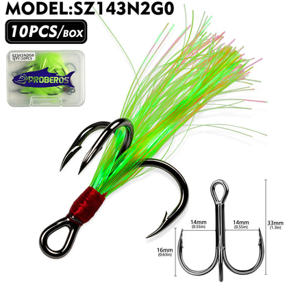 PROBEROS Flash Feather Treble Hooks 10PCS High Carbon Fishing Hook SZ142‑SZ144