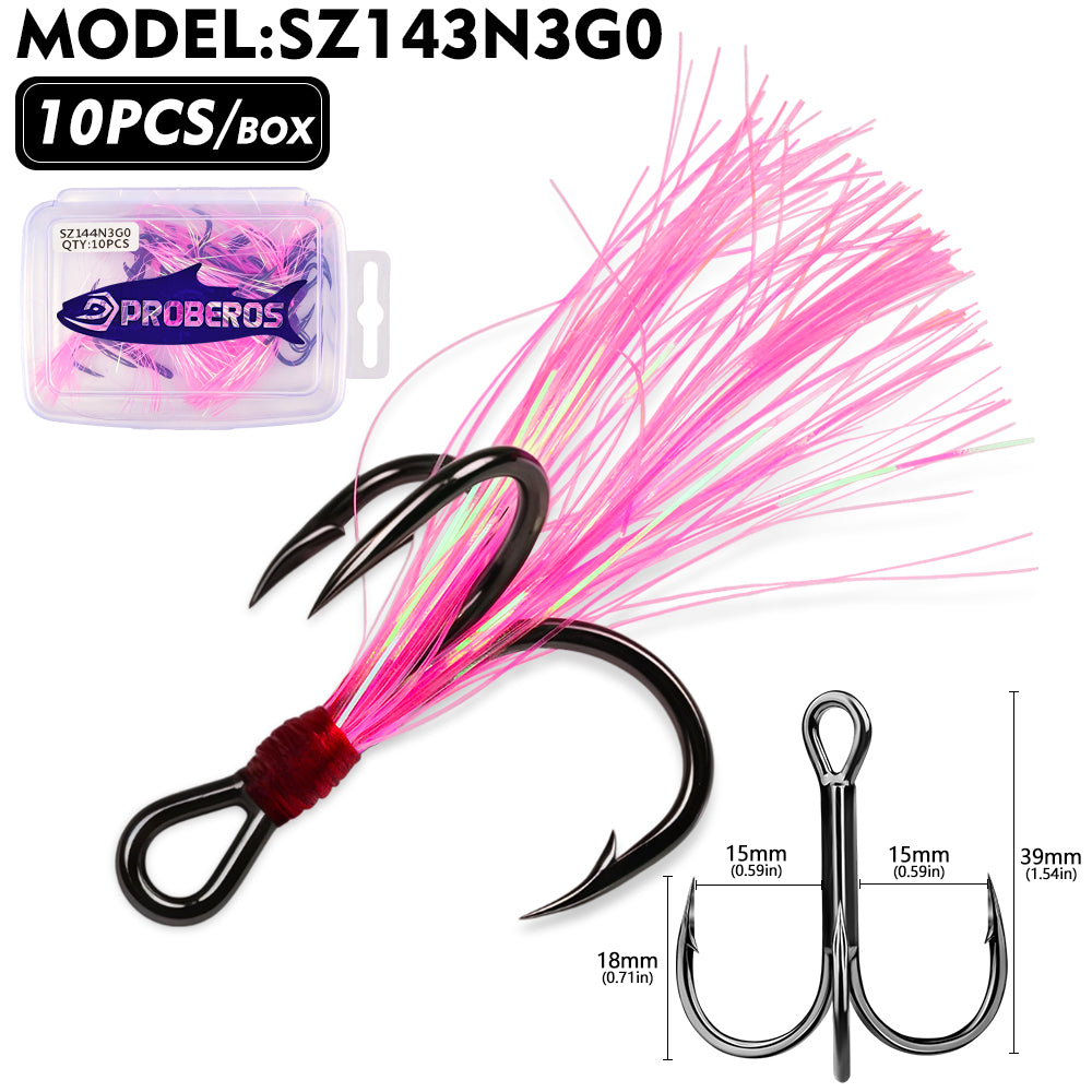 PROBEROS Flash Feather Treble Hooks 10PCS High Carbon Fishing Hook SZ142‑SZ144