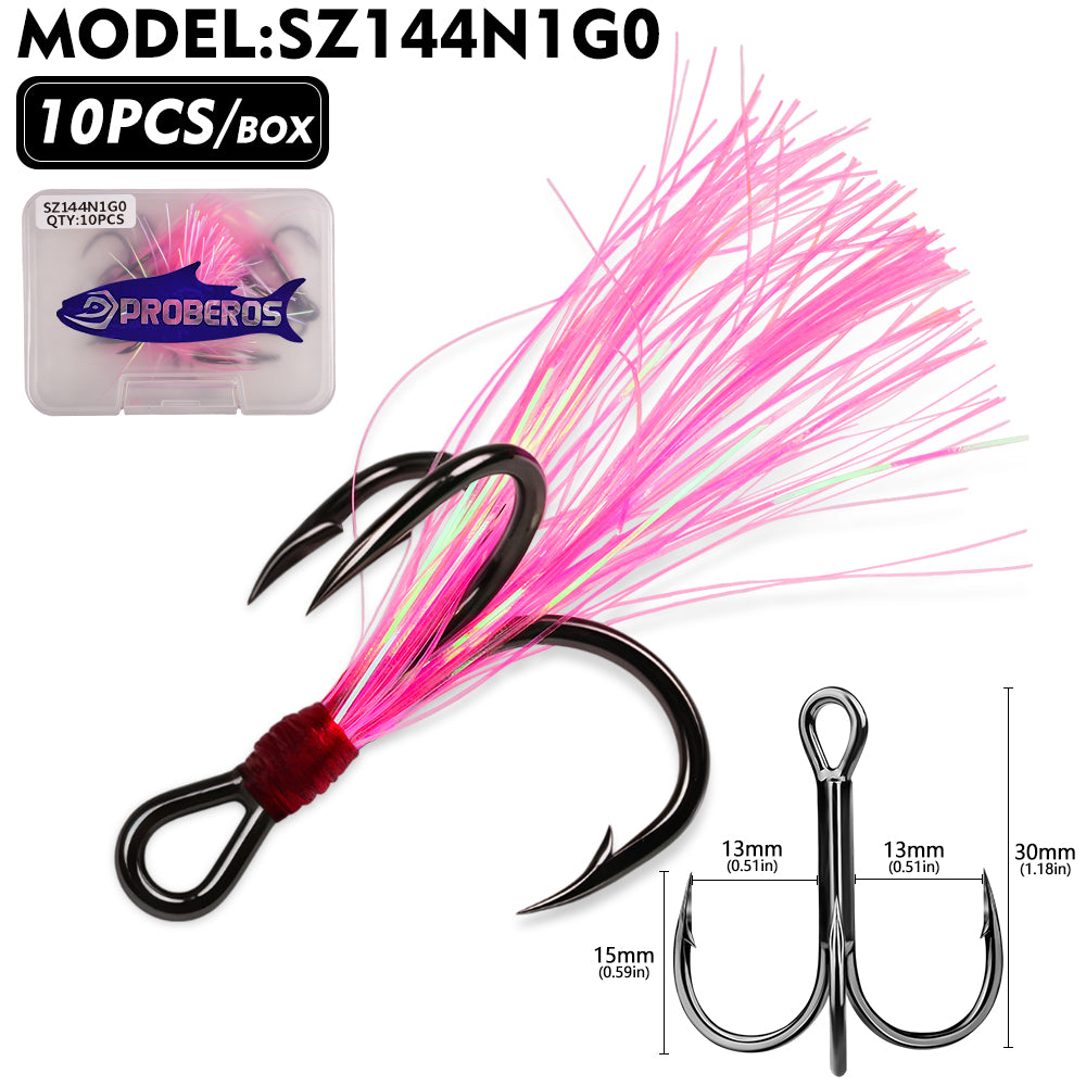 PROBEROS Flash Feather Treble Hooks 10PCS High Carbon Fishing Hook SZ142‑SZ144