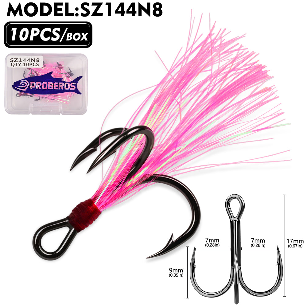 PROBEROS Flash Feather Treble Hooks 10PCS High Carbon Fishing Hook SZ142‑SZ144