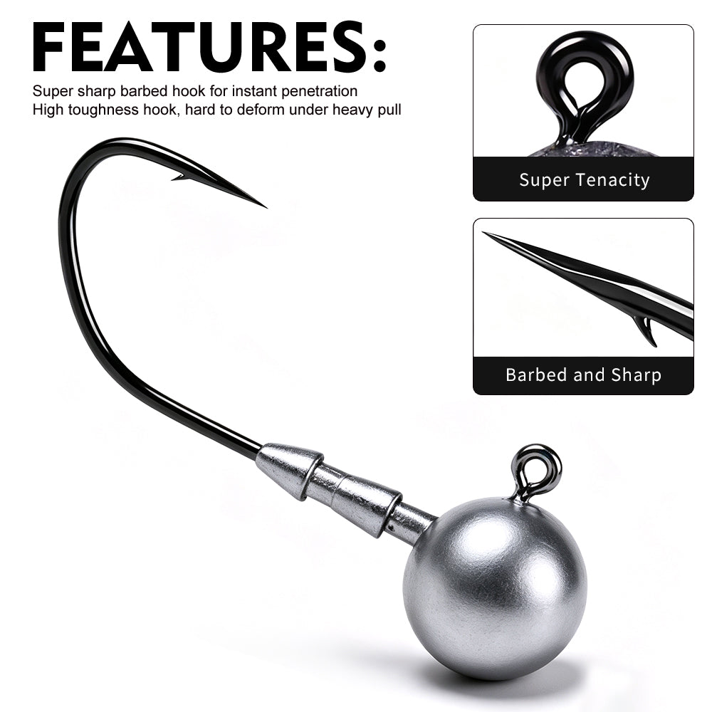 Wide gap barbed high carbon steel hook design and dimensions for PROBEROS round ball jig head
