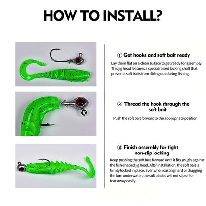 Step-by-step tutorial guide on how to install and rig soft plastic lures onto PROBEROS JIG076 red 3D eye jig head hooks.