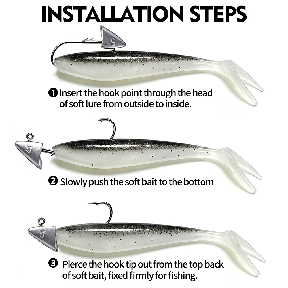 Step by step guide on how to rig soft plastic swimbait onto PROBEROS bullet jig head hook