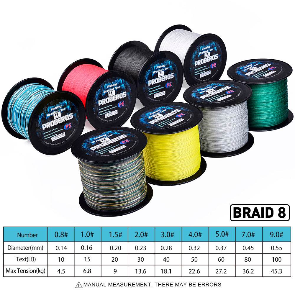 PROBEROS 8 strand braided line strength test diameter size chart 10lb to 100lb
