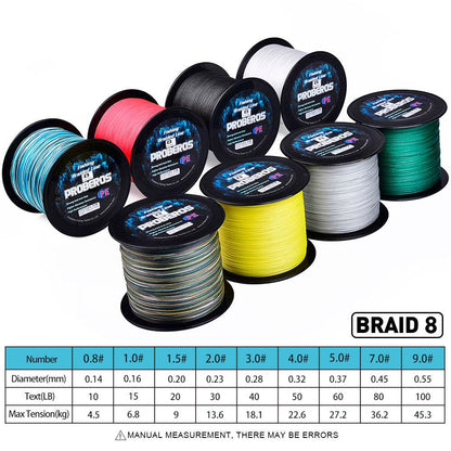 PROBEROS 8 strand braided line strength test diameter size chart 10lb to 100lb