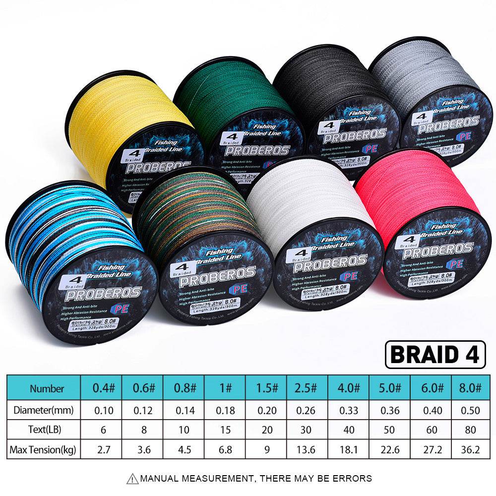 PROBEROS 300m 4 strand braided fishing line size chart showing diameter and max tension from 6LB to 80LB