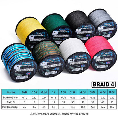 PROBEROS 300m 4 strand braided fishing line size chart showing diameter and max tension from 6LB to 80LB