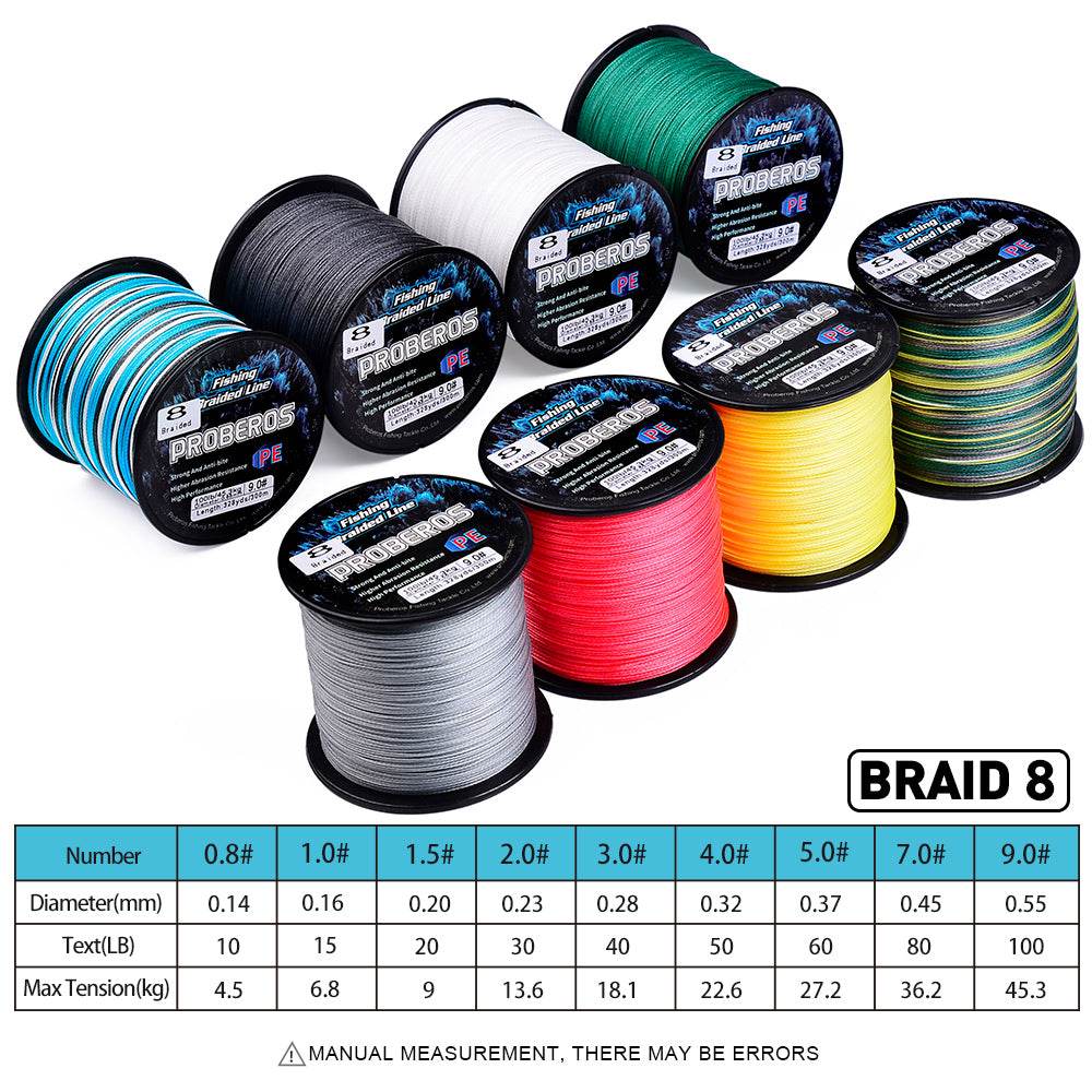 PROBEROS 300m 8 strand braided fishing line size chart from 10LB to 100LB with diameter specs