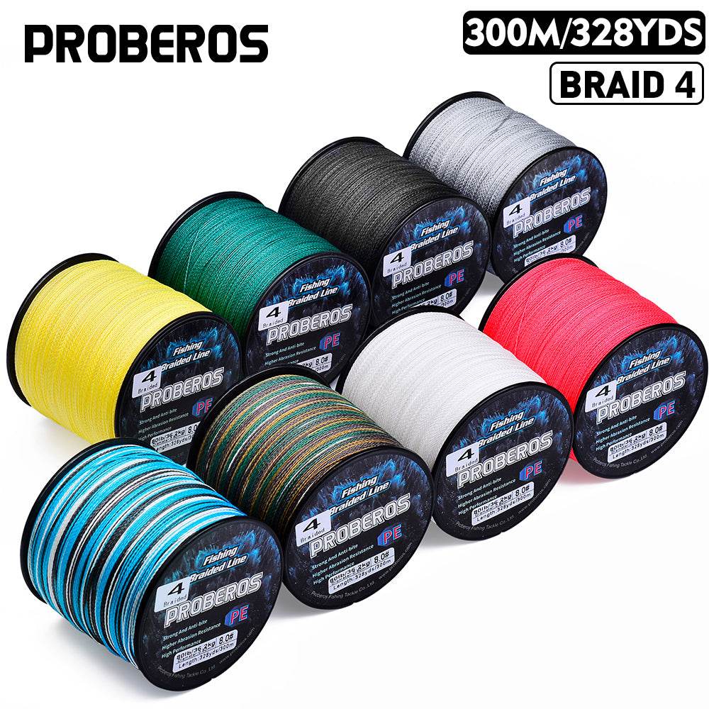 PROBEROS 300m 4 strand braided fishing line color options including gray, black, red, white, yellow, green, and camo