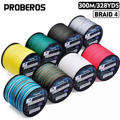 PROBEROS 300m 4 strand braided fishing line color options including gray, black, red, white, yellow, green, and camo