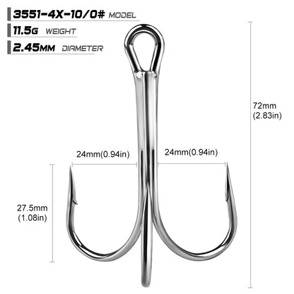 PROBEROS 3551 4X Heavy Duty Long Shank Nickel Plated Treble Hooks High Carbon Steel Big Game Saltwater Fishing Treble Hooks