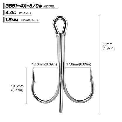 PROBEROS 3551 4X Heavy Duty Long Shank Nickel Plated Treble Hooks High Carbon Steel Big Game Saltwater Fishing Treble Hooks