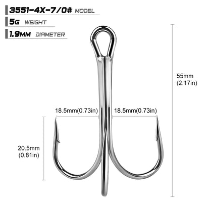 PROBEROS 3551 4X Heavy Duty Long Shank Nickel Plated Treble Hooks High Carbon Steel Big Game Saltwater Fishing Treble Hooks