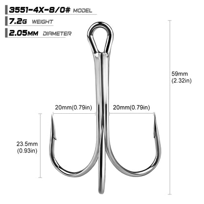 PROBEROS 3551 4X Heavy Duty Long Shank Nickel Plated Treble Hooks High Carbon Steel Big Game Saltwater Fishing Treble Hooks