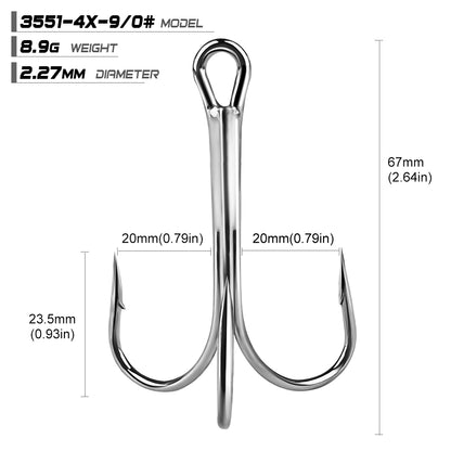PROBEROS 3551 4X Heavy Duty Long Shank Nickel Plated Treble Hooks High Carbon Steel Big Game Saltwater Fishing Treble Hooks