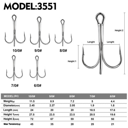 PROBEROS 3551 treble hook size chart sizes 6/0# 7/0# 8/0# 9/0# 10/0# long shank heavy duty treble hooks dimension comparison
