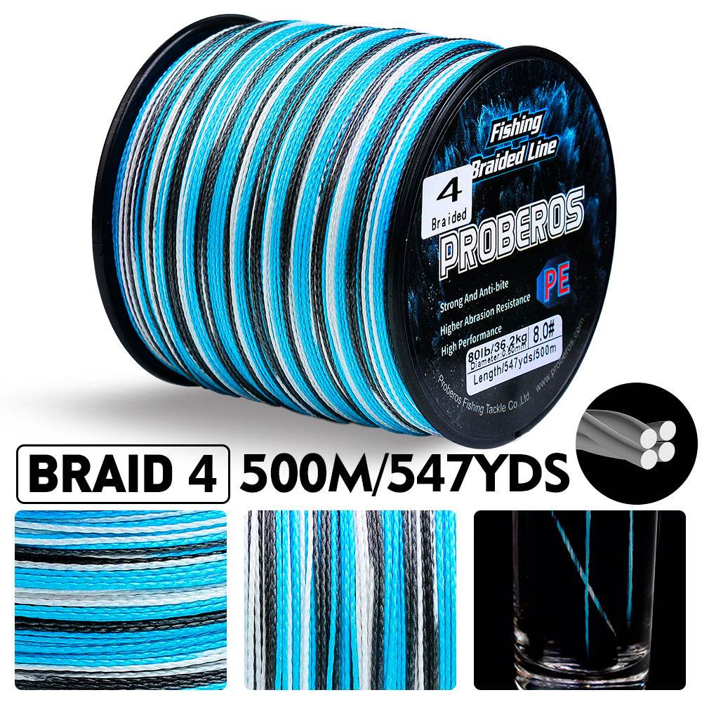 Tight 4 strand woven structure of PROBEROS high strength PE braided fishing line 500m