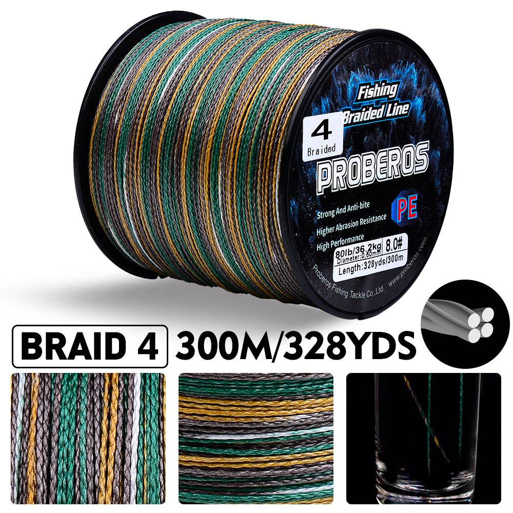 Tight 4 strand woven structure of PROBEROS high strength PE braided fishing line