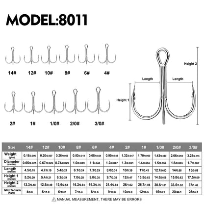 PROBEROS 8011 treble hooks size chart from size 14 to 3/0 with dimensions and hook gap specs