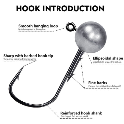 Wide gap barbed high carbon steel hook design and dimensions for PROBEROS round ball jig head