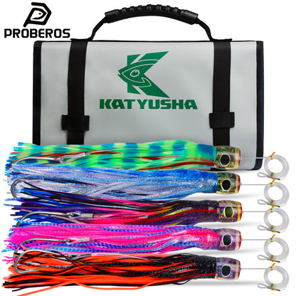 PROBEROS 5pcs big game trolling lure set with storage bag for deep sea fishing