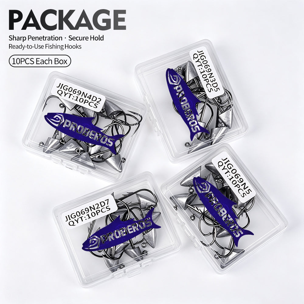 10PCS PROBEROS bullet jig head hooks stored in clear PP plastic tackle storage box