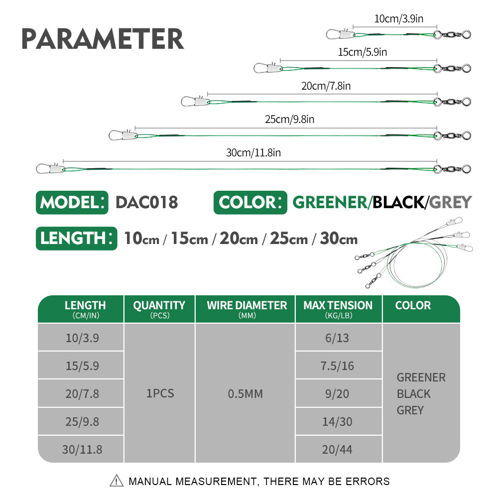 PROBEROS DAC018 Wire Leader Size Chart 15cm 20cm 25cm 30cm