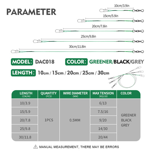 PROBEROS DAC018 Wire Leader Size Chart 15cm 20cm 25cm 30cm
