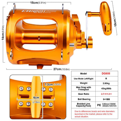 PROBEROS® Jigging Reels DG30/50/80 Fishing Reel Boat Two Speed Aluminum CNC Machined 45KG Max Drag Sea Boat Trolling Reel - Proberos