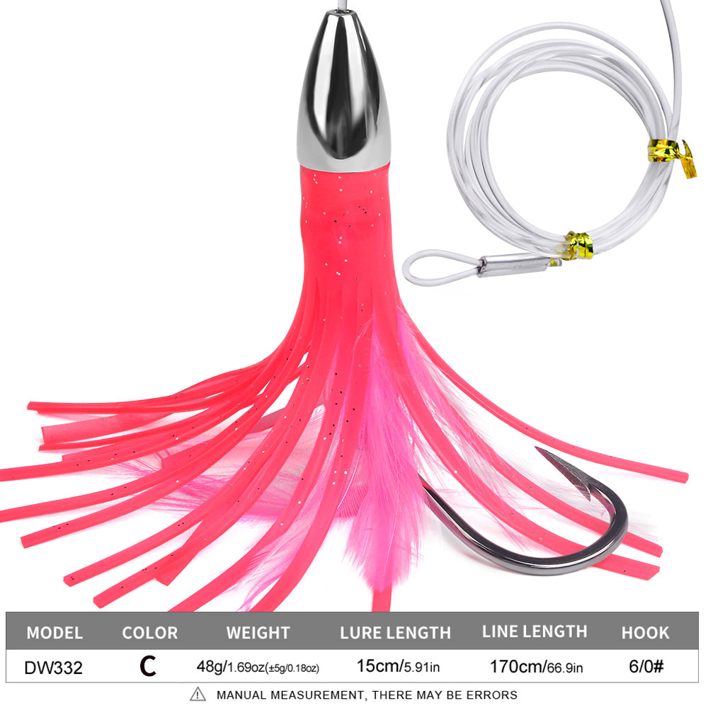 Detailed close up view of PROBEROS DW332 48g weighted zinc alloy head and flexible silicone squid tentacles