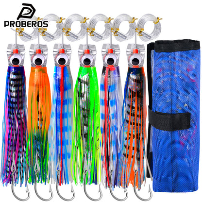 PROBEROS 6pcs big game deep sea trolling lure set with portable net bag for offshore fishing