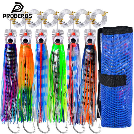 PROBEROS 6pcs big game deep sea trolling lure set with portable net bag for offshore fishing