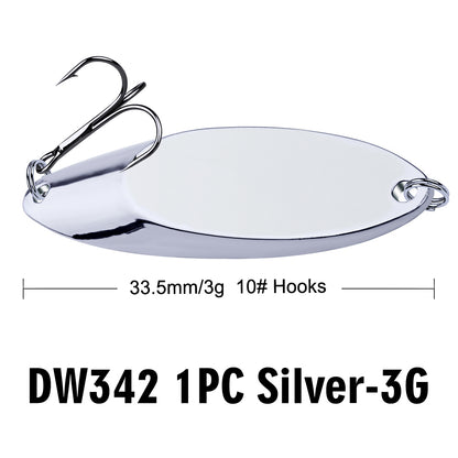 Close-up detail of sharp dual treble hooks and stainless steel split rings on PROBEROS DW342 spoon lure.