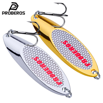PROBEROS DW342 metal spoon fishing lure in gold and silver options for freshwater and saltwater fishing.