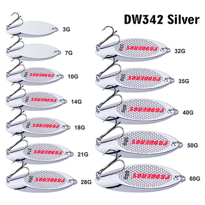 PROBEROS DW342 spoon fishing lure with high-gloss silver finish for high-visibility light reflection.