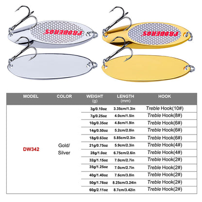 Size and weight specification chart for PROBEROS DW342 spoon lure ranging from 3g to 60g