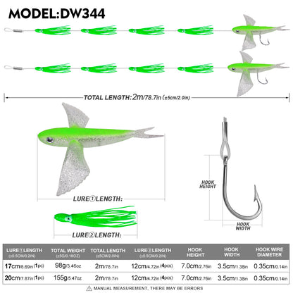 PROBEROS DW344 Flying Fish Trolling Lure Size and Weight Comparison Chart 17CM 20CM