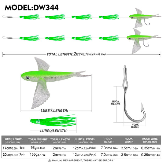 PROBEROS DW344 Flying Fish Trolling Lure Size and Weight Comparison Chart 17CM 20CM